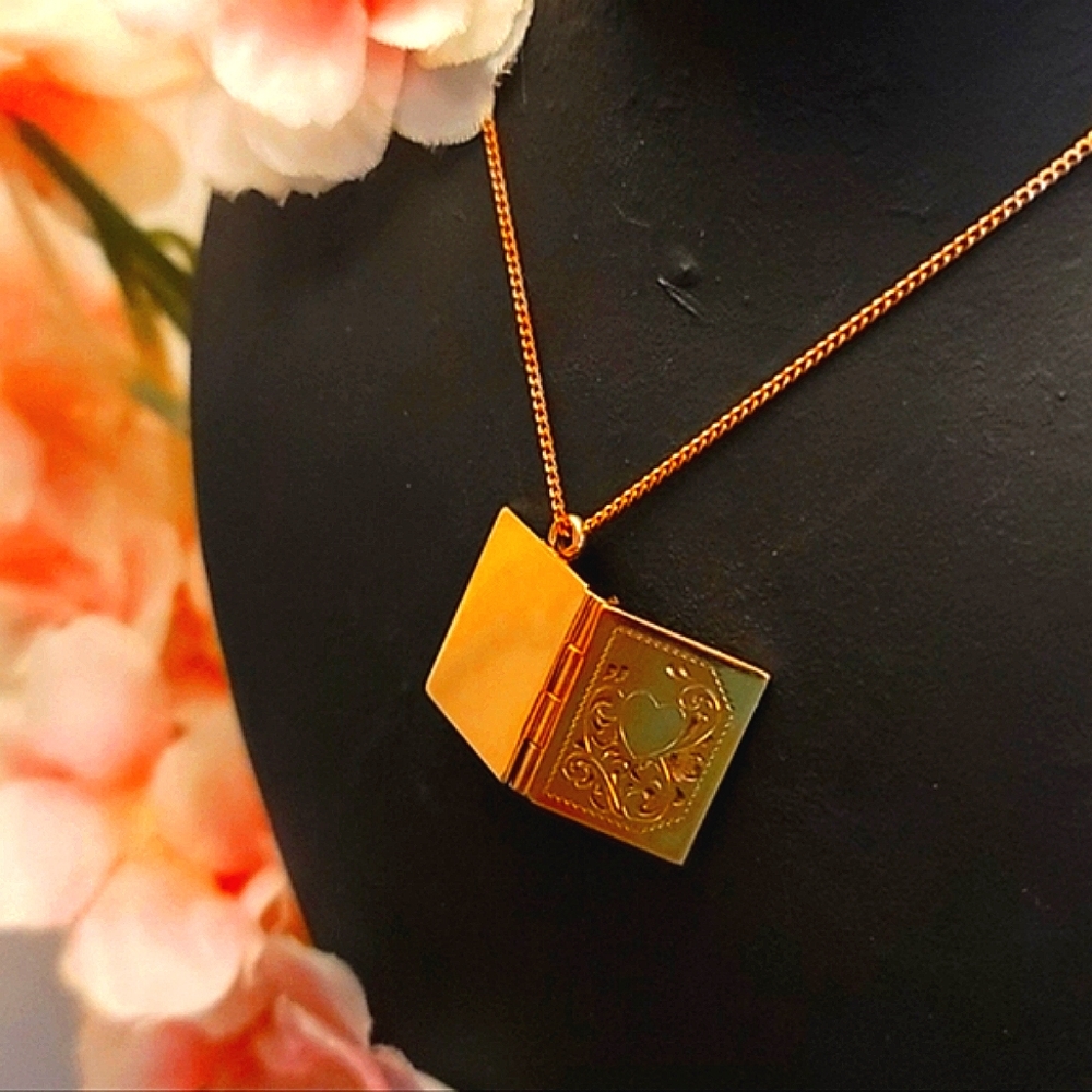 12k Gold W.E.Hayward Antique Book Picture Locket on 10k Gold Chain